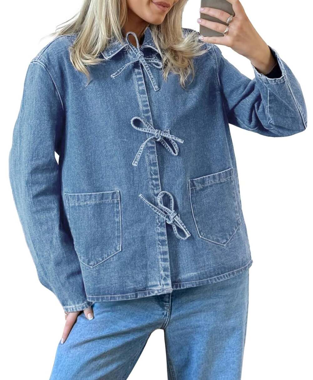 Jean Jacket Tie Front Blue Denim Shacket with Pockets